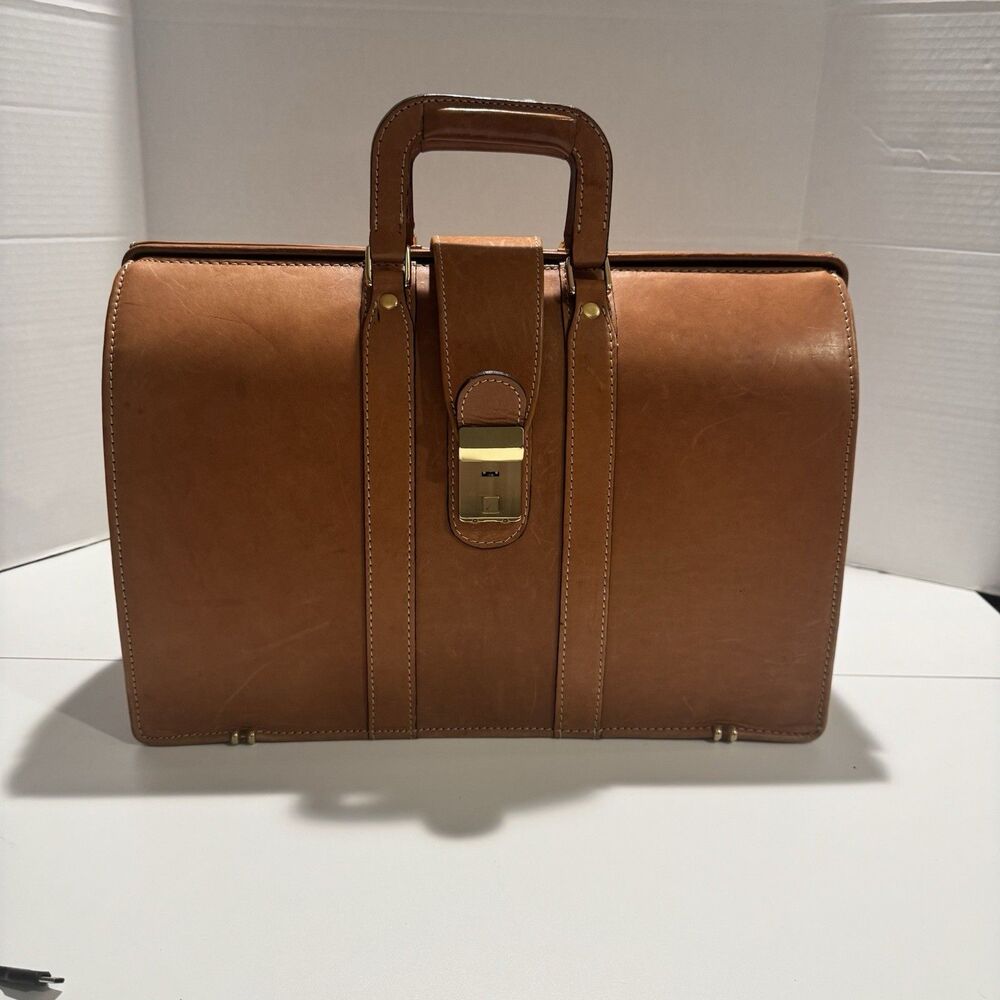 Bellino Brown Leather Hard Case Doctor Lawyer Laptop Top Load Security Briefcase